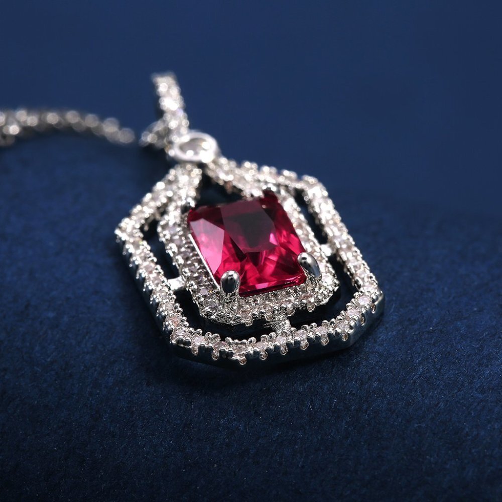 💥 Double Layer Hollow Ruby Radiant Cut Red Zircon Micro Pave Necklace, E…
